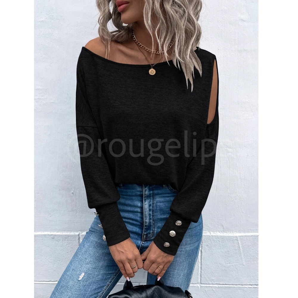 Black One Cold Shoulder Asymmetric Boat Neck Long Sleeve Tee Shirt - Picture 2 of 9